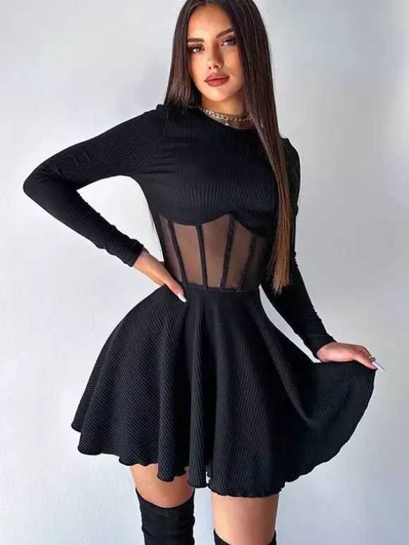 Robe mini corset en résille pour femme - Robe patineuse côtelée à manches longues - Soirée printanière en boîte de nuit 2026