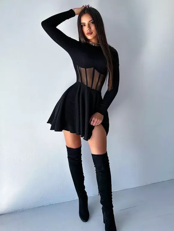 Robe mini corset en résille pour femme - Robe patineuse côtelée à manches longues - Soirée printanière en boîte de nuit 2026