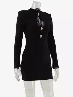 Robe mini découpée pour femme - Robe moulante noire élégante à manches longues et boutons dorés - Idéale pour une soirée printanière en club (2026)