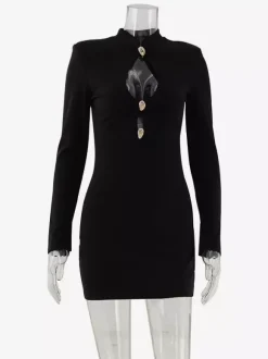 Robe mini découpée pour femme - Robe moulante noire élégante à manches longues et boutons dorés - Idéale pour une soirée printanière en club (2026)