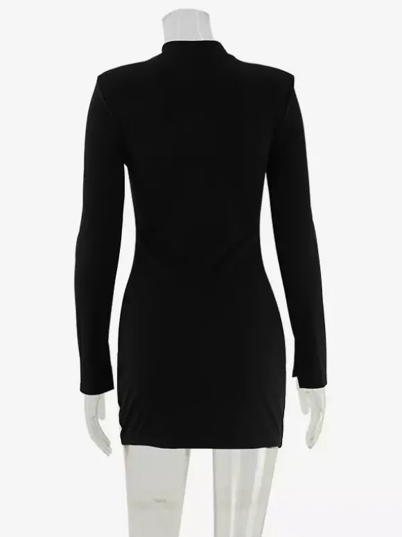 Robe mini découpée pour femme - Robe moulante noire élégante à manches longues et boutons dorés - Idéale pour une soirée printanière en club (2026)