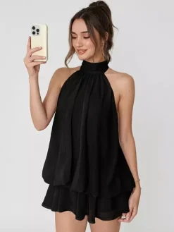 Robe mini dos nu à volants pour femme - Élégante robe patineuse en mousseline plissée dos nu et coupe ample - Vacances d'été à la plage 2026