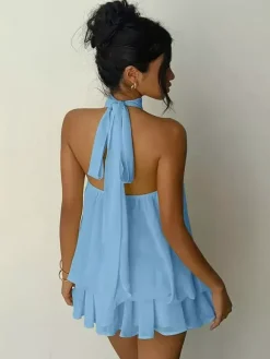 Robe mini dos nu à volants pour femme - Élégante robe patineuse en mousseline plissée dos nu et coupe ample - Vacances d'été à la plage 2026