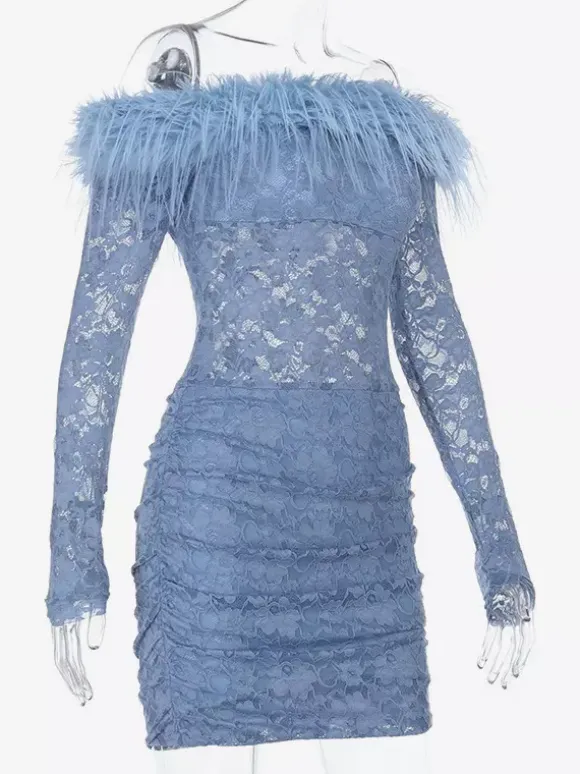 Robe mini en dentelle et fausse fourrure pour femme - Bleu poudré moulante froncée manches longues - Robe d'invitée pour mariage de printemps 2026