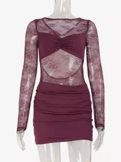 Robe mini en dentelle transparente froncée pour femme - Robe moulante sexy à dos nu et découpes - Soirée d'été en boîte de nuit 2026