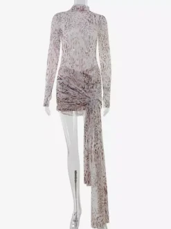 Robe mini en résille imprimé léopard pour femme - Col montant manches longues traîne drapée coupe moulante - Idéale pour une soirée en boîte au printemps 2026