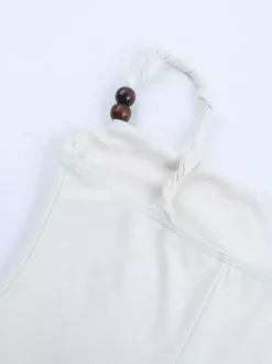 Robe mini femme à bretelles perlées - Robe moulante blanche minimaliste à bretelles fines - Robe de plage style bord de mer collection été 2026