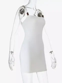Robe mini femme à bretelles perlées - Robe moulante blanche minimaliste à bretelles fines - Robe de plage style bord de mer collection été 2026