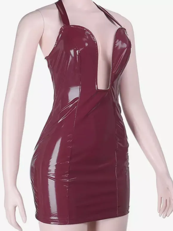 Robe mini femme en similicuir rouge foncé - Robe moulante sexy à décolleté plongeant et dos nu - Style rebelle pour vos soirées d'été 2026