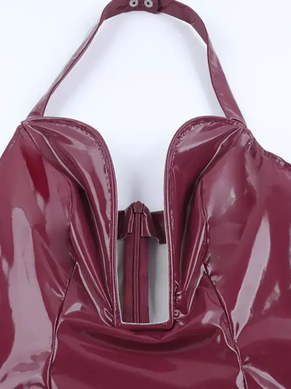 Robe mini femme en similicuir rouge foncé - Robe moulante sexy à décolleté plongeant et dos nu - Style rebelle pour vos soirées d'été 2026