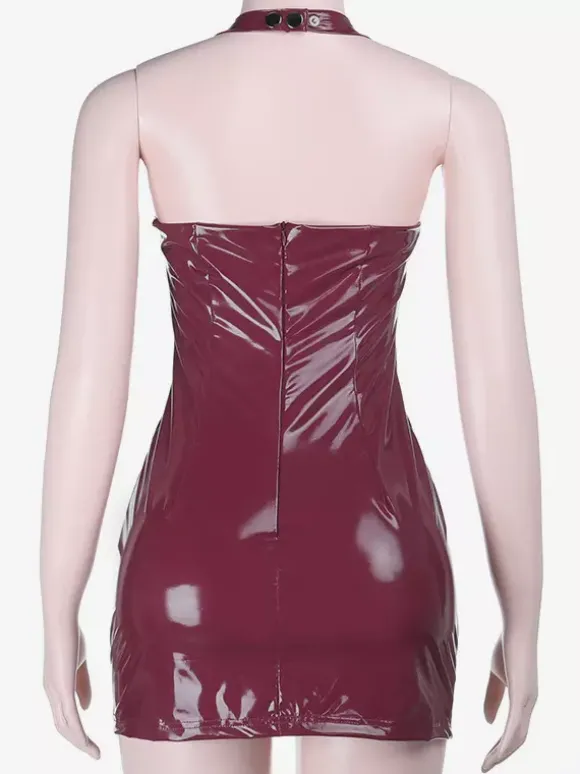 Robe mini femme en similicuir rouge foncé - Robe moulante sexy à décolleté plongeant et dos nu - Style rebelle pour vos soirées d'été 2026