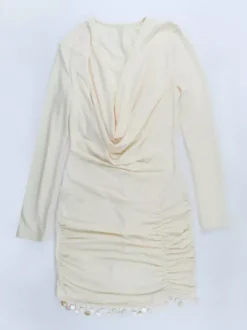 Robe mini froncée à col bénitier pour femme - Crème sexy manches longues franges moulante - Cocktail de printemps 2026