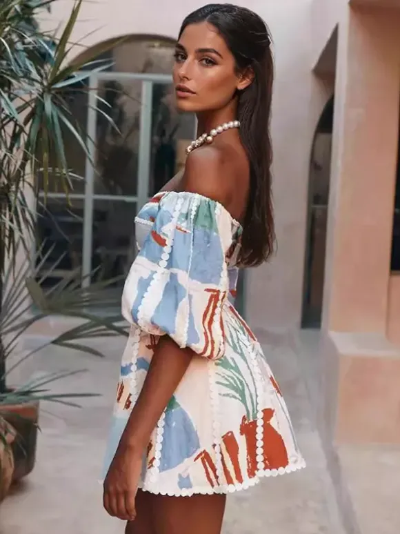 Robe mini imprimée épaules dénudées pour femme - Manches bouffantes col en V bordure en dentelle coupe évasée - Idéale pour une fête d'été à la plage 2026