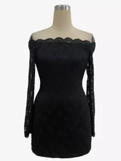 Robe mini moulante à épaules dénudées en dentelle et manches longues pour femme 2026