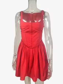 Robe mini plissée froncée à col carré et taille en V pour femme 2026