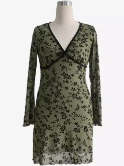 Robe mini vintage à col en V imprimé floral floqué manches évasées pour femme 2026