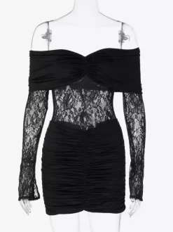 Robe moulante en dentelle patchwork pour femme - Robe mini sexy à épaules dénudées manches longues et froncée - Tenue de soirée printanière 2026