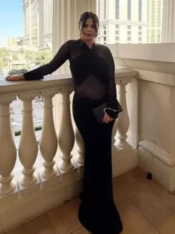 Robe moulante maxi à manches longues découpes et fronces en maille croisée sur le devant pour femme 2026