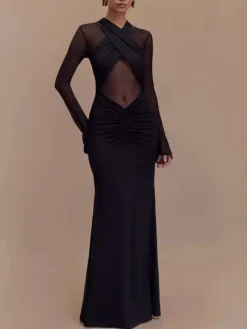 Robe moulante maxi à manches longues découpes et fronces en maille croisée sur le devant pour femme 2026