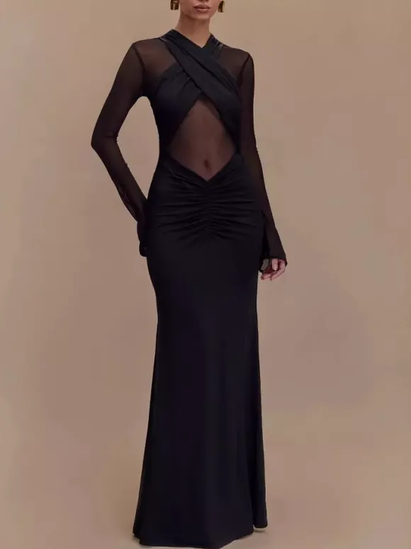 Robe moulante maxi à manches longues découpes et fronces en maille croisée sur le devant pour femme 2026
