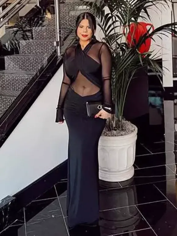 Robe moulante maxi à manches longues découpes et fronces en maille croisée sur le devant pour femme 2026