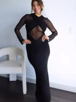 Robe moulante maxi à manches longues découpes et fronces en maille croisée sur le devant pour femme 2026