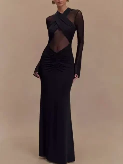 Robe moulante maxi à manches longues découpes et fronces en maille croisée sur le devant pour femme 2026