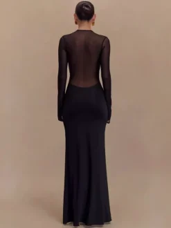 Robe moulante maxi à manches longues découpes et fronces en maille croisée sur le devant pour femme 2026