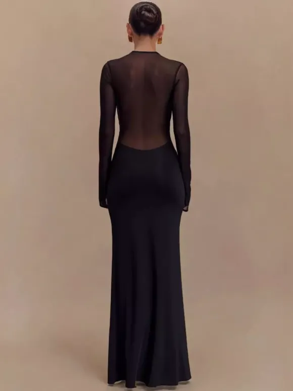 Robe moulante maxi à manches longues découpes et fronces en maille croisée sur le devant pour femme 2026