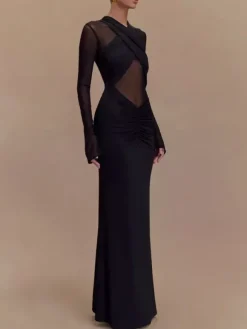 Robe moulante maxi à manches longues découpes et fronces en maille croisée sur le devant pour femme 2026