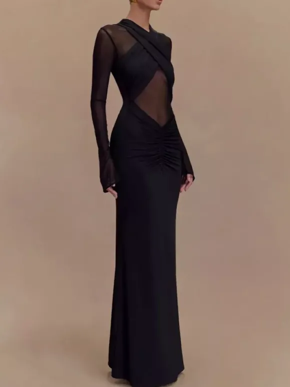 Robe moulante maxi à manches longues découpes et fronces en maille croisée sur le devant pour femme 2026