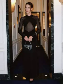 Robe moulante maxi à manches longues découpes et fronces en maille croisée sur le devant pour femme 2026