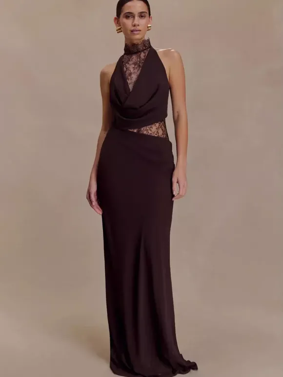 Robe moulante maxi sans manches à col montant empiècements en dentelle et découpes pour femme 2026