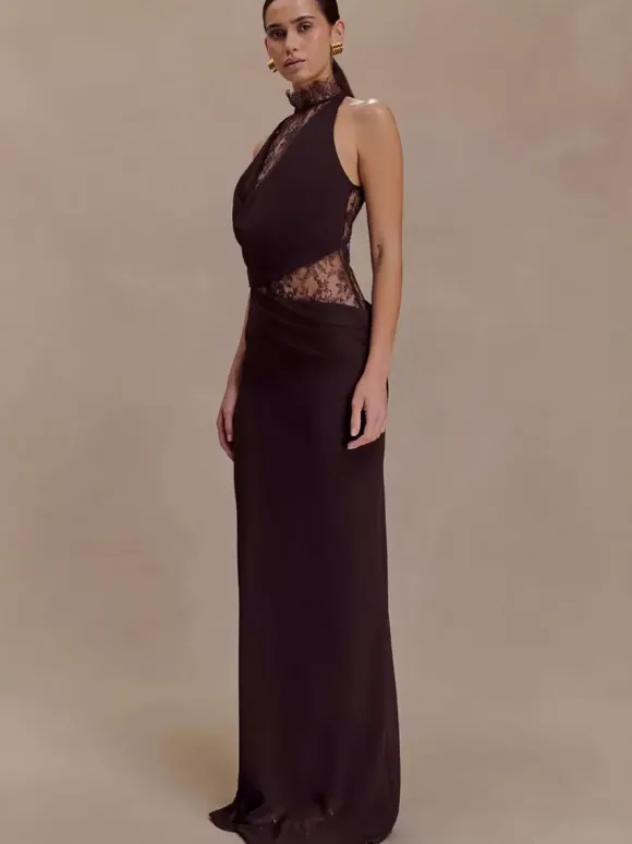 Robe moulante maxi sans manches à col montant empiècements en dentelle et découpes pour femme 2026