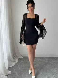 Robe moulante mini à col carré manches longues évasées en dentelle collection femme 2026