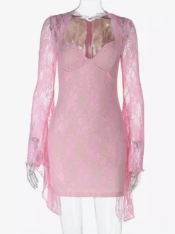 Robe moulante mini en dentelle Fairycore pour femme - Rose manches cloche coupe ajustée - Idéale pour une soirée romantique printanière 2026