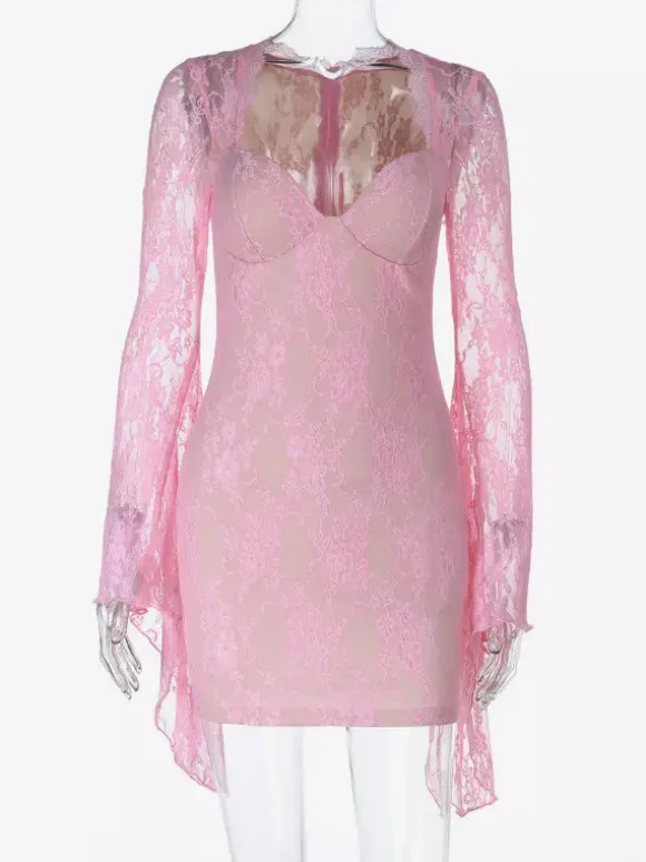 Robe moulante mini en dentelle Fairycore pour femme - Rose manches cloche coupe ajustée - Idéale pour une soirée romantique printanière 2026