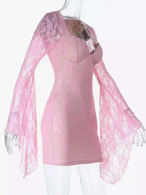 Robe moulante mini en dentelle Fairycore pour femme - Rose manches cloche coupe ajustée - Idéale pour une soirée romantique printanière 2026