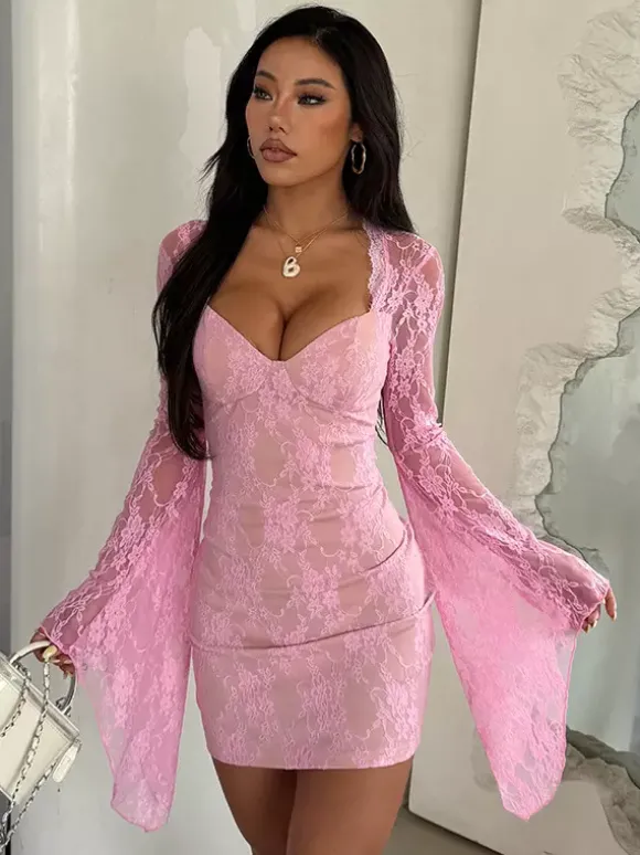 Robe moulante mini en dentelle Fairycore pour femme - Rose manches cloche coupe ajustée - Idéale pour une soirée romantique printanière 2026