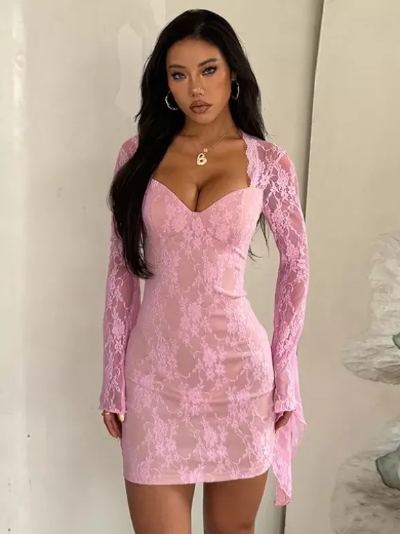 Robe moulante mini en dentelle Fairycore pour femme - Rose manches cloche coupe ajustée - Idéale pour une soirée romantique printanière 2026