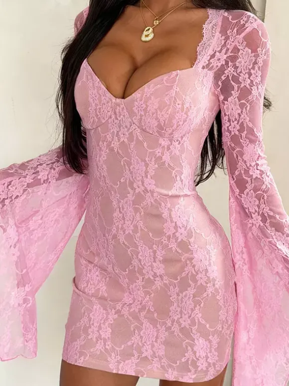 Robe moulante mini en dentelle Fairycore pour femme - Rose manches cloche coupe ajustée - Idéale pour une soirée romantique printanière 2026