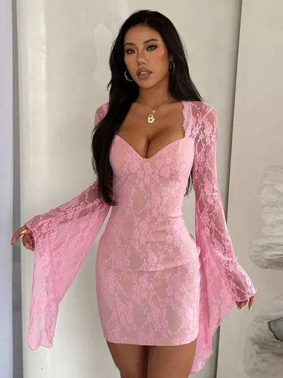 Robe moulante mini en dentelle Fairycore pour femme - Rose manches cloche coupe ajustée - Idéale pour une soirée romantique printanière 2026