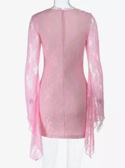 Robe moulante mini en dentelle Fairycore pour femme - Rose manches cloche coupe ajustée - Idéale pour une soirée romantique printanière 2026