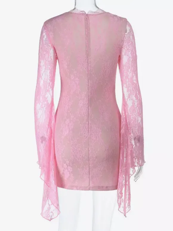 Robe moulante mini en dentelle Fairycore pour femme - Rose manches cloche coupe ajustée - Idéale pour une soirée romantique printanière 2026