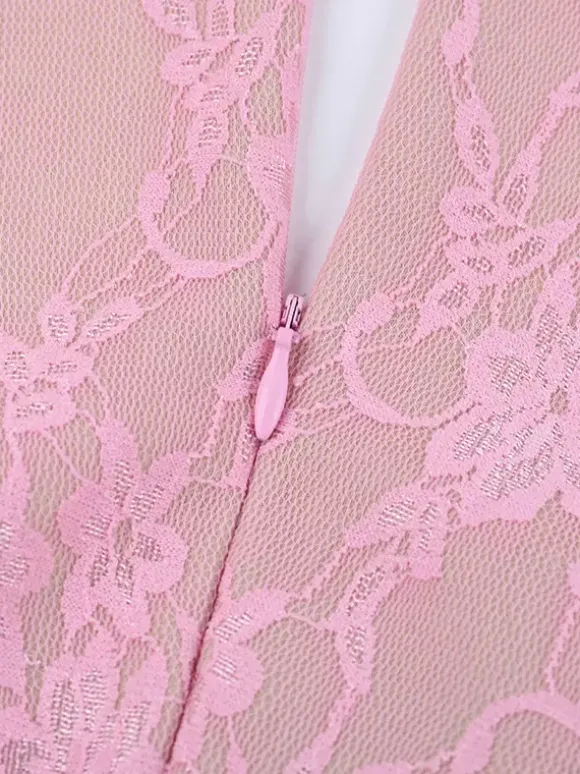 Robe moulante mini en dentelle Fairycore pour femme - Rose manches cloche coupe ajustée - Idéale pour une soirée romantique printanière 2026
