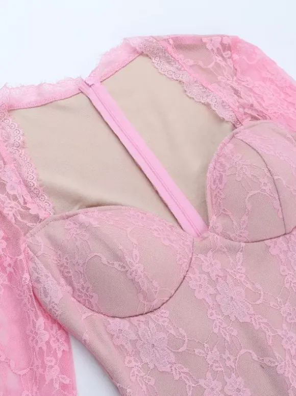 Robe moulante mini en dentelle Fairycore pour femme - Rose manches cloche coupe ajustée - Idéale pour une soirée romantique printanière 2026