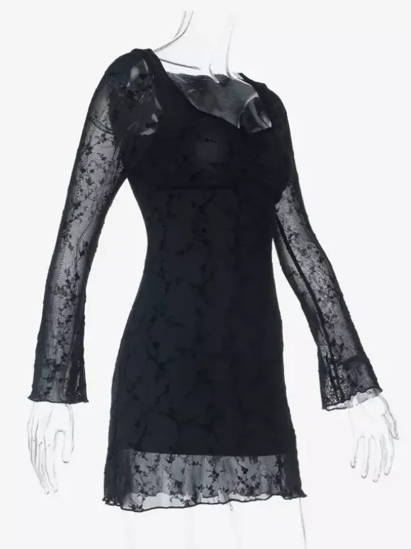Robe moulante mini en dentelle florale vintage pour femme - Sexy transparente manches longues col carré - Esthétique Coquette idéale pour un rendez-vous printanier 2026