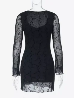 Robe moulante mini en dentelle florale vintage pour femme - Sexy transparente manches longues col carré - Esthétique Coquette idéale pour un rendez-vous printanier 2026