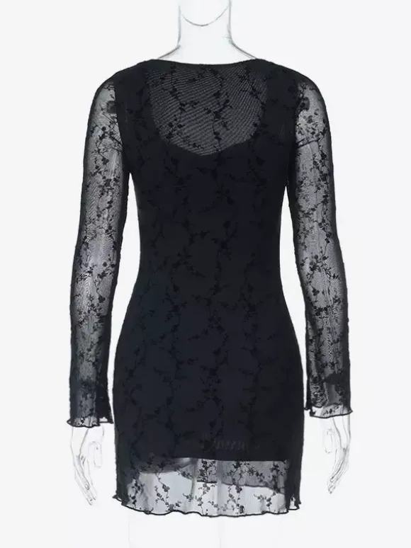 Robe moulante mini en dentelle florale vintage pour femme - Sexy transparente manches longues col carré - Esthétique Coquette idéale pour un rendez-vous printanier 2026