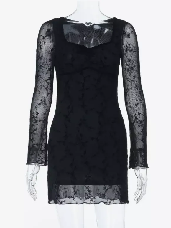 Robe moulante mini en dentelle florale vintage pour femme - Sexy transparente manches longues col carré - Esthétique Coquette idéale pour un rendez-vous printanier 2026